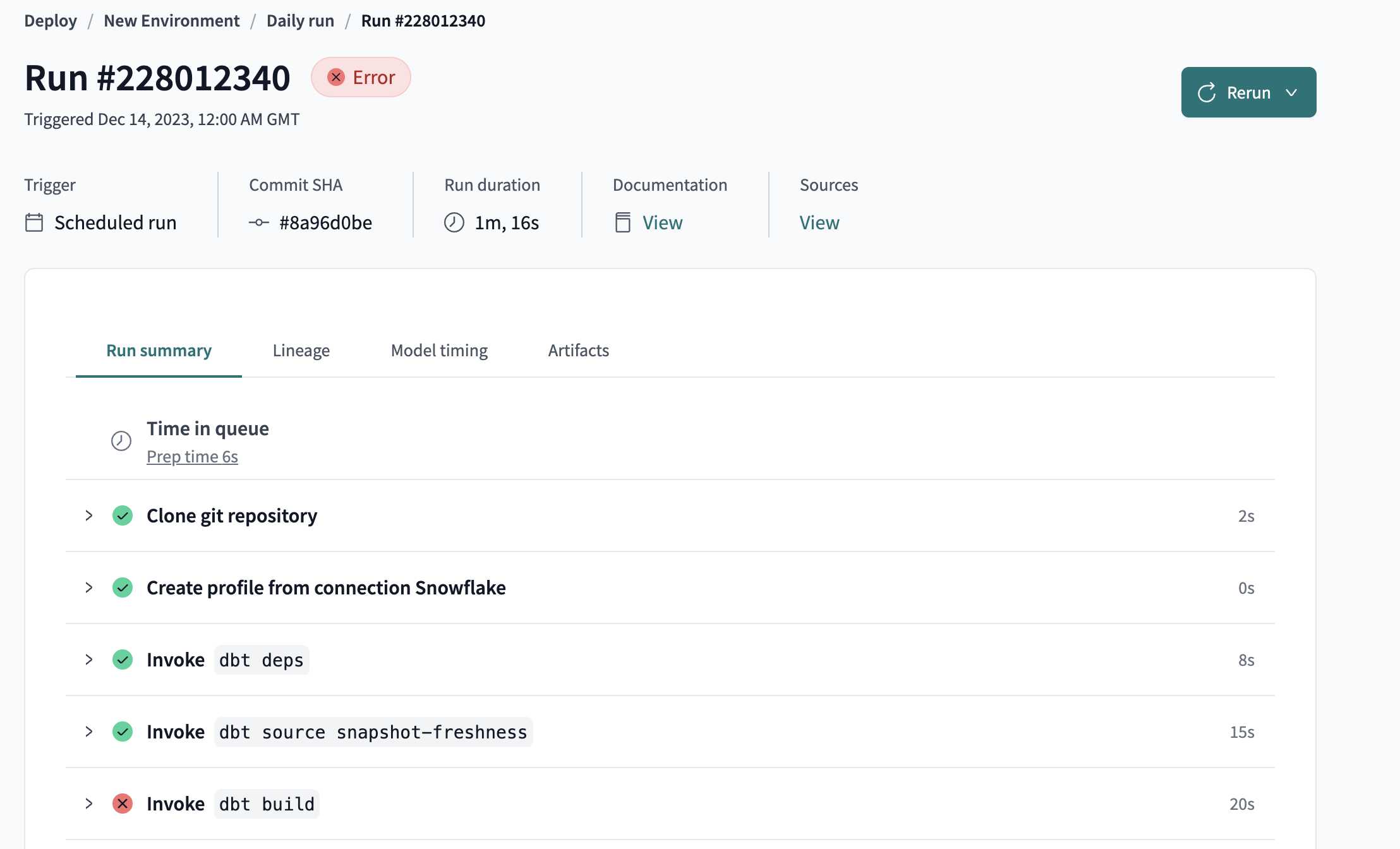 A failed job that had an error during the dbt deps run step. A failed job that had an error during the dbt deps run step.
